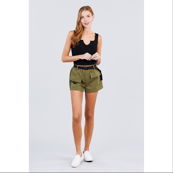 Olive Belted Side Pocket Cargo Cotton Short Pants - Picture 3 of 6